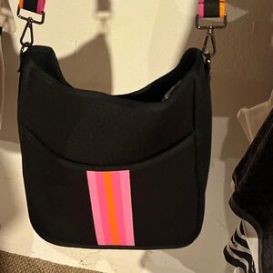 Scuba Fabric Black Crossbody Bag Pink Stripe